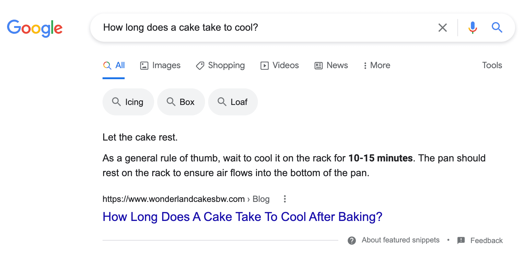 A google search result with a featured snippet answering how long it takes for cakes to cool.