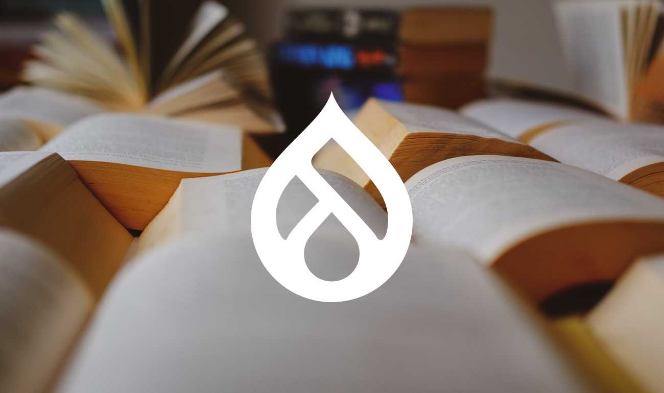 Drupal icon over open books.