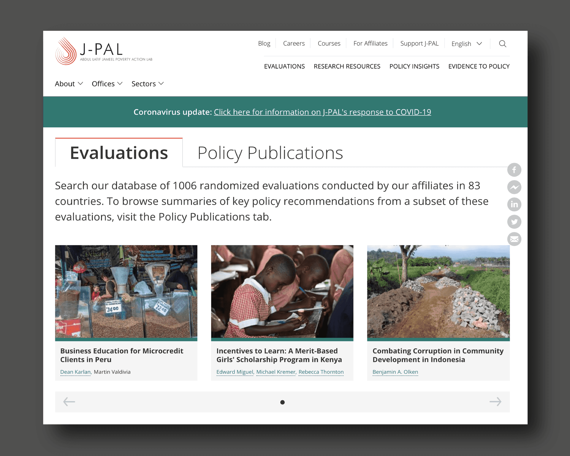 J-PAL evaluations homepage with featured evaluations