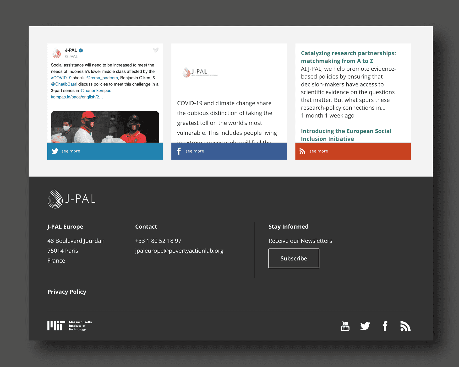 J-PAL footer with recent articles to share to social media.