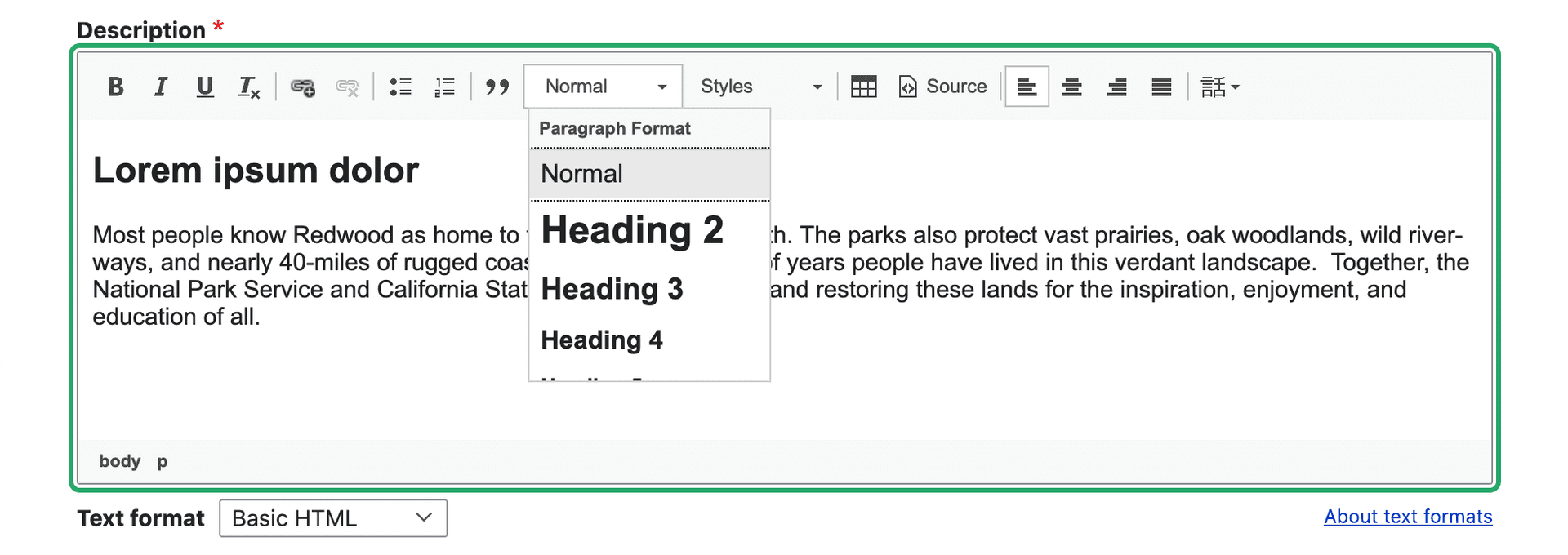 Dropdown heading selector menu in a Drupal toolbar.